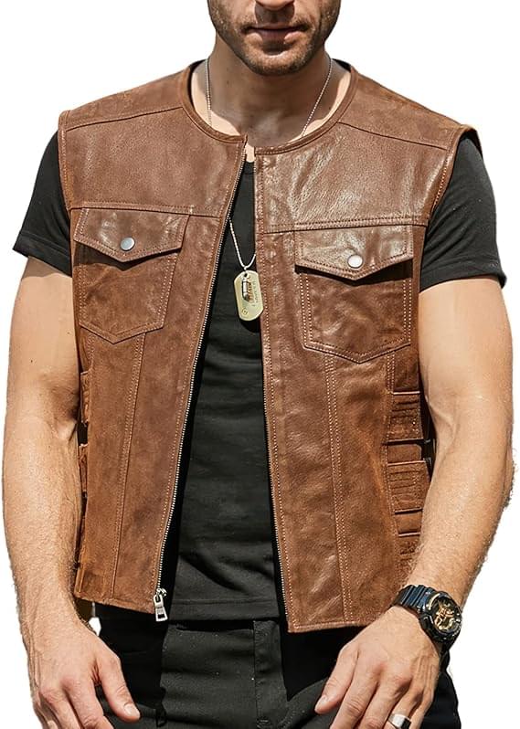 HANDCRAFTED BROWN LEATHER VEST STAND OUT IN STYLE